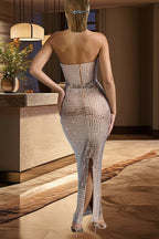 Strapless Mirror Tile Embellished Illusion Mesh Bodycon Maxi Dress
