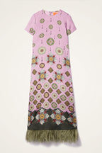 Lucia Satin Baroque Court Style Printed Short Sleeve Pocket Feather Trim Maxi Dress