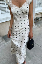 Polka Dot Satin Sweetheart Neck Lace Cap Sleeve Bustier Lace Band Hem Maxi Dress