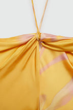 Halter Twist Knot Spaghetti Tie Floral Print Satin Maxi Gown