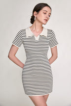 Striped Rib Knit Polo Collar Bodycon Mini Dress