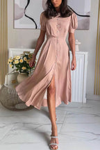 Puff Sleeve Pearl Button Front Satin Side Slit Midi Dress