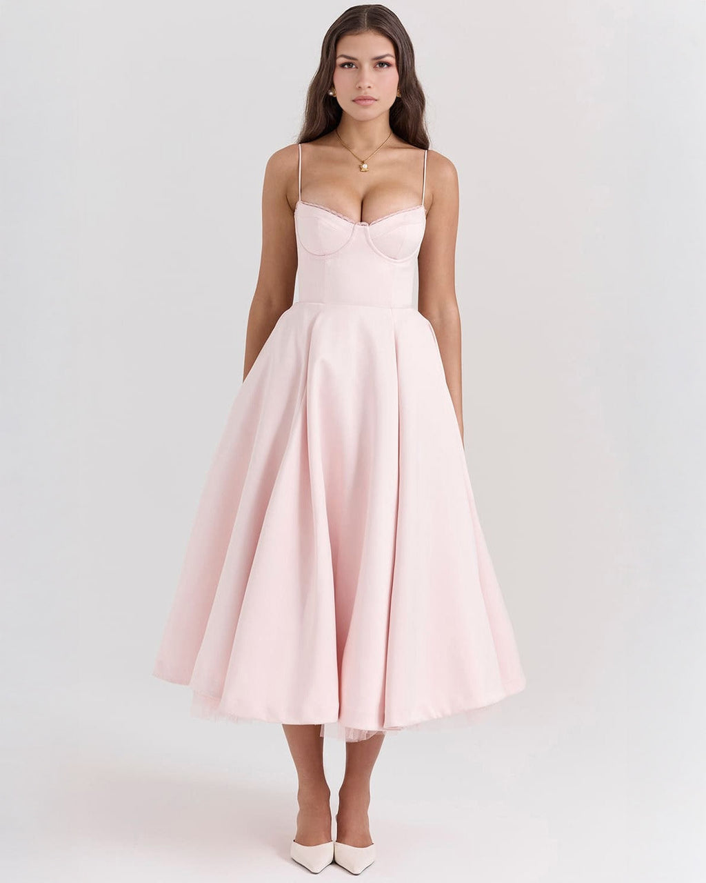 Lace Trim Corset Bustier Spaghetti Strap Pleated Pocket Tea Length Dress