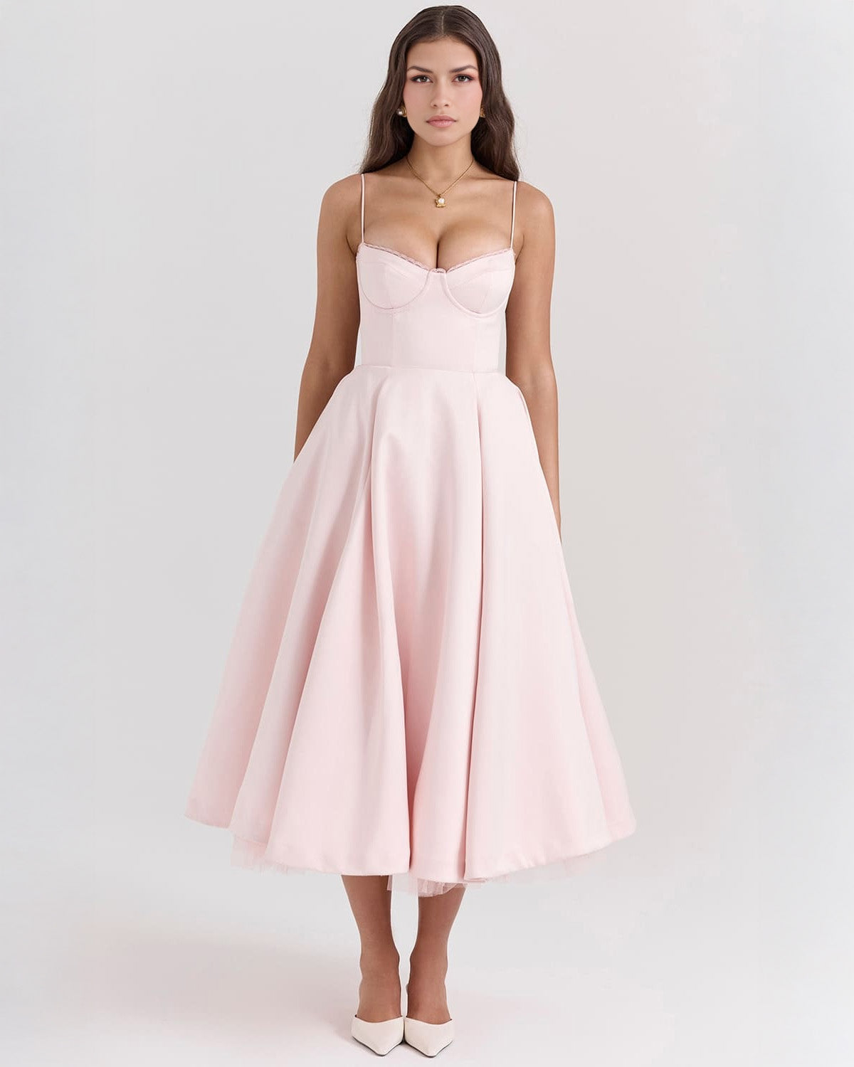 Lace Trim Corset Bustier Spaghetti Strap Pleated Pocket Tea Length Dress