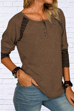 Full Size Striped Quarter Button Long Sleeve T-Shirt