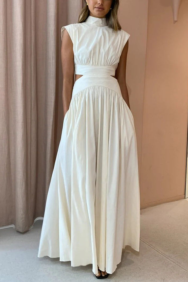 Mock Neck Sleeveless Side Cut Out Waist Pocketed Gathered Maxi Dress
