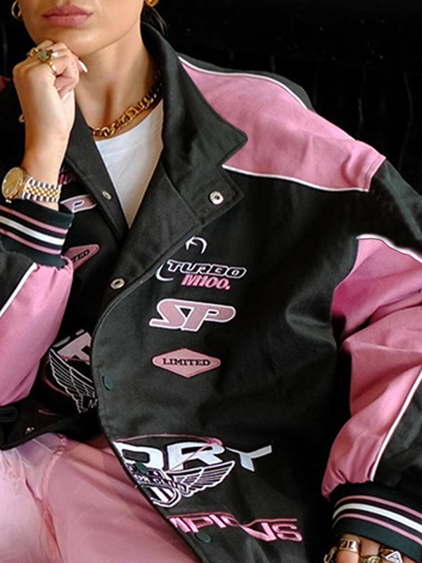 Retro Print Contrast Color Moto Jacket
