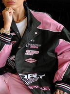 Retro Print Contrast Color Moto Jacket