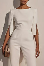Solid Color Round Neck Beaded Decoration Slim Fit Casual Jumpsuit