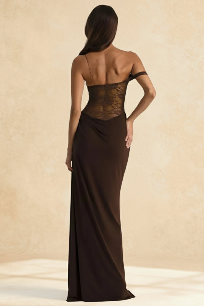One Shoulder Floral Lace Bodice Draped Maxi Gown