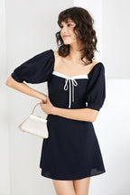 Square Neck Puff Sleeve Contrast Trim Tie Front A-Line Mini Dress