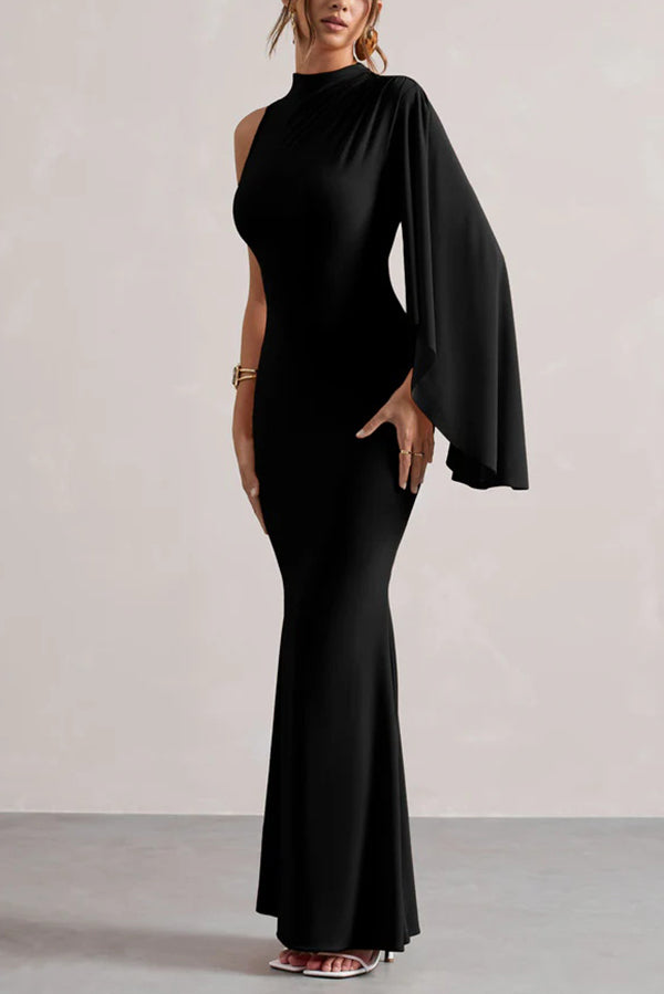 Mock Neck One Shoulder Ruffle Sleeve Mermaid Hem Maxi Gown