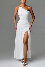 One Shoulder Spaghetti Strap Ruched High Split Bodycon Maxi Dress