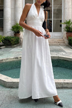 Solid Color Halter Neck Tie Elegant Backless Waist-cinching Maxi Dress