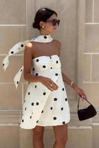 White Strapless Bandeau Polka Dot Mini Dress