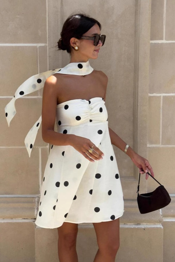 Polka Dot Strapless Ruched Bust A-Line Mini Dress