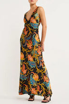 Satin Botanical Print Deep V-Neck Slip Maxi Dress