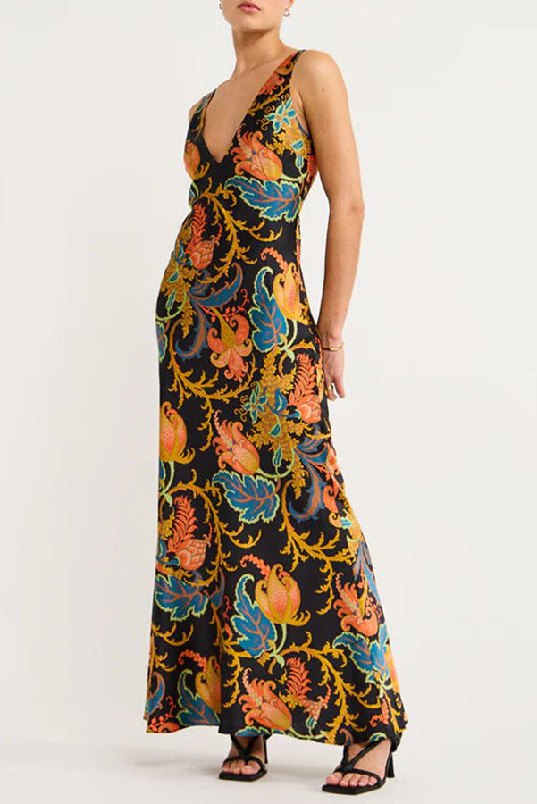 Satin Botanical Print Deep V-Neck Slip Maxi Dress