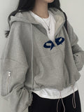 Star Print Zipper Drawstring Hem Oversized Hoodie