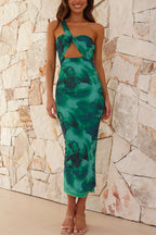 Abstract Print One Shoulder Twist Front Cutout Midi Dress