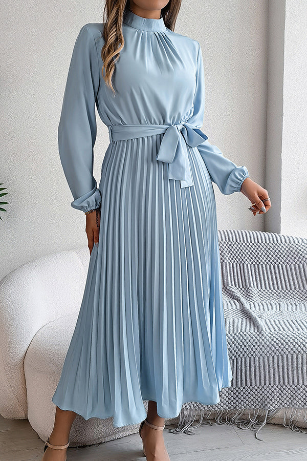 Mock Neck Lantern Sleeve Belted Pleated A-Line Midi Dress