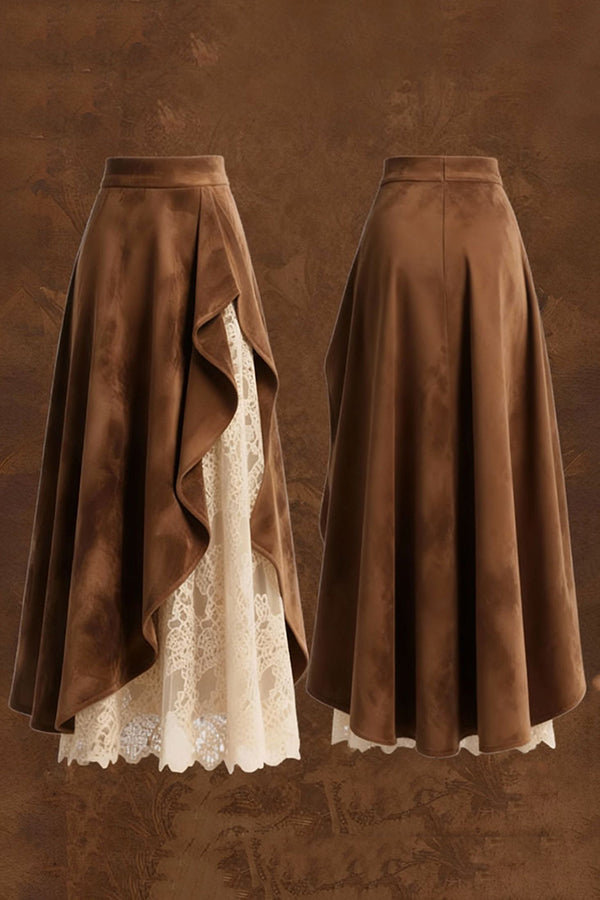 Stylish Suede and Lace Patchwork Elegant Asymmetrical Midi Skirt