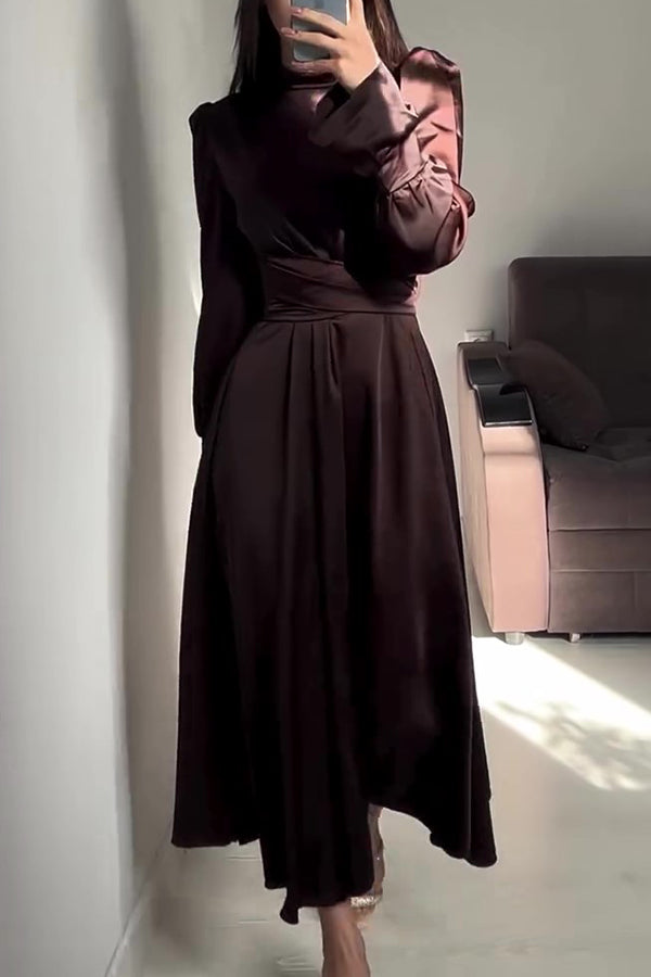 Mock Neck Bishop Sleeve Ruched Waist Satin Maxi Dress