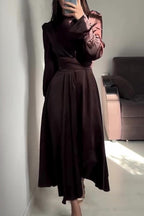 Mock Neck Bishop Sleeve Ruched Waist Satin Maxi Dress