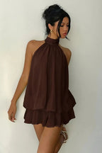 Backless Halter Tie Waist Ruffled Bodycon Mini Dress