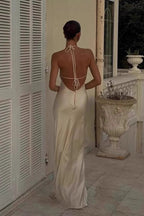 Satin Halter Neck Bias Cut Backless Slip Formal Maxi Dress