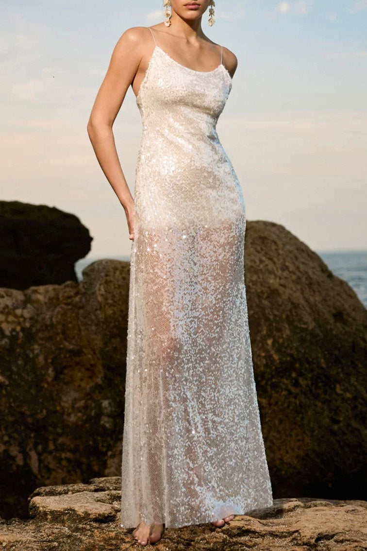 Sequin Spaghetti Strap Backless Low Back Sheer Slip Maxi Dress