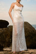 Sequin Spaghetti Strap Backless Low Back Sheer Slip Maxi Dress