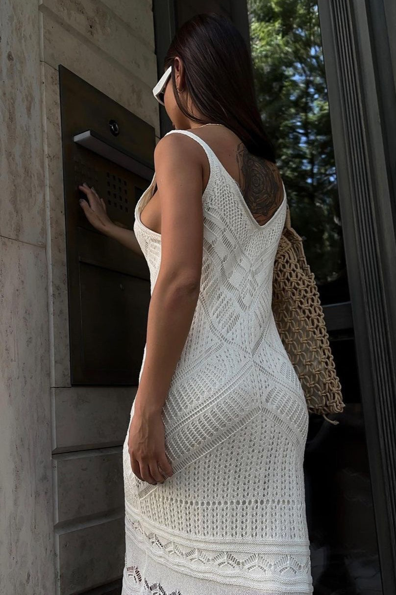 Crochet Deep V-Neck Spaghetti Strap Open Work Maxi Dress