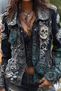 Unique Printed Lapel Long-sleeved Personalized Denim Jacket