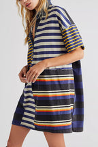 Denim Collar Striped Patchwork Polo Rugby Mini Dress