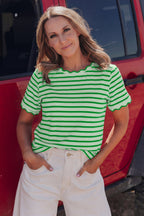 Green Stripe Scalloped Trim Round Neck T Shirt