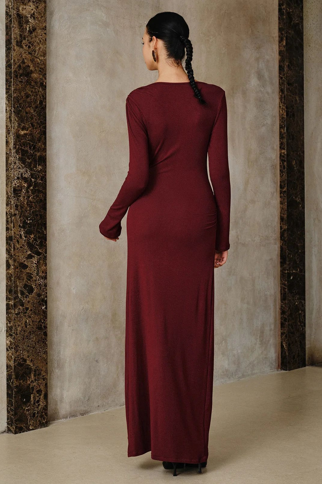 Metal Accents Ruched Fitted Waist Slim Maxi Dress