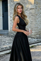 Deep V Neck Gathered Ruched A Line Maxi Dress