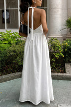 Solid Color Halter Neck Tie Elegant Backless Waist-cinching Maxi Dress