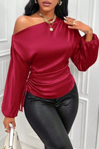 Satin Asymmetric Collar Ruched Waist Long Sleeve Tee