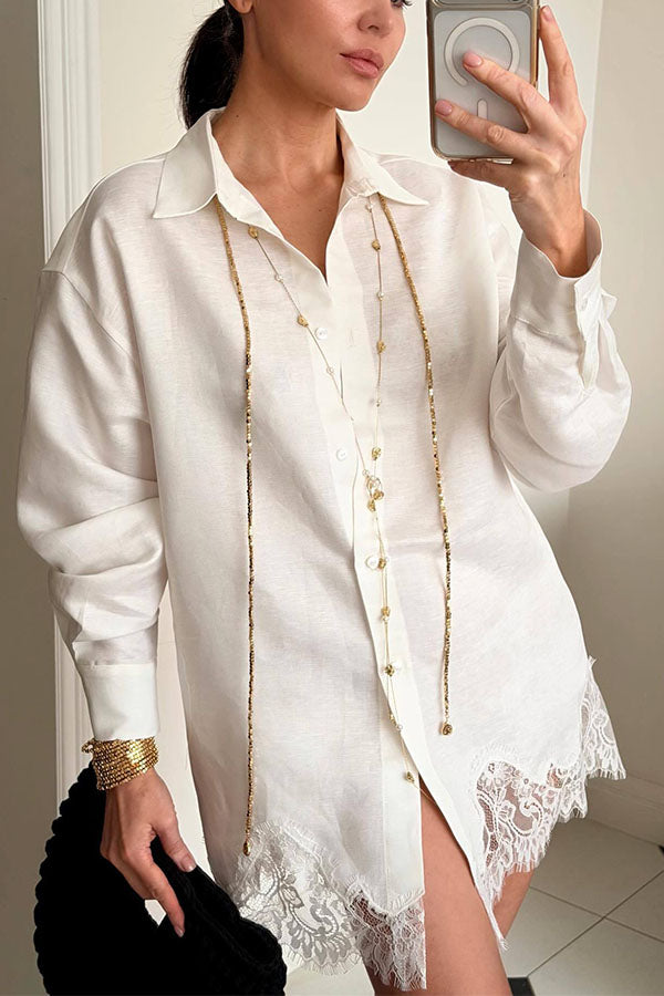 Linen Blend Shirt and Lace-trimmed Shorts Set