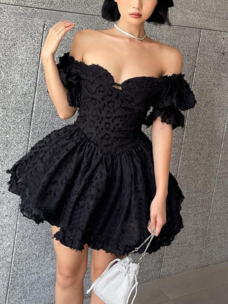 Textured Jacquard Print Off Shoulder Puff Sleeve Corset Skater Mini Dress