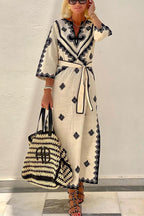 Ethnic Print V-Neck Three Quarter Sleeve Tie Waist Maxi Dress