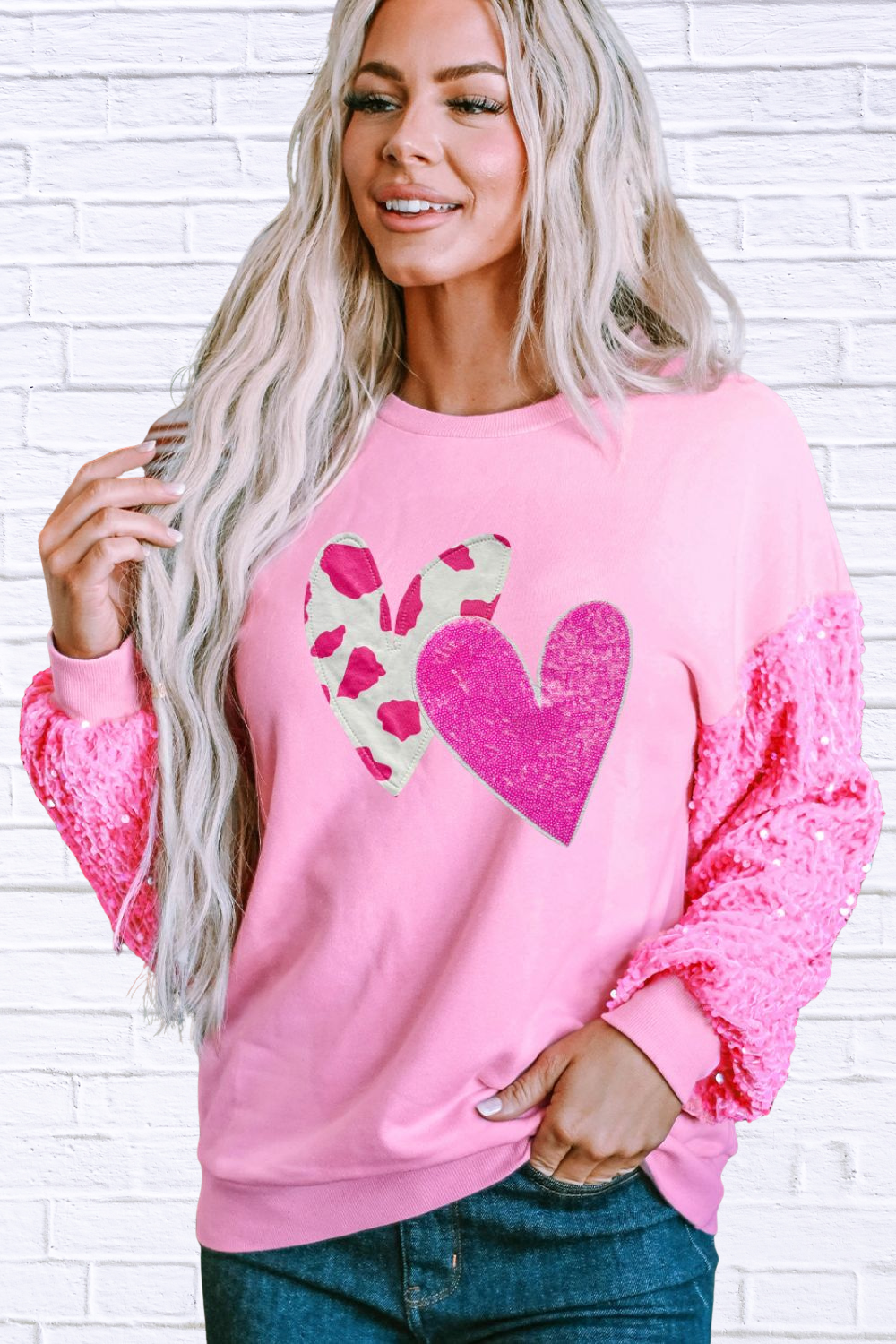 Valentine__ Day Sequin Heart Long Sleeve Sweatshirt
