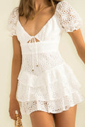 Lace Eyelet Puff Sleeve Lace Up Tiered Ruffle Mini Dress