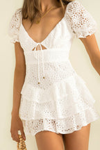 Lace Eyelet Puff Sleeve Lace Up Tiered Ruffle Mini Dress