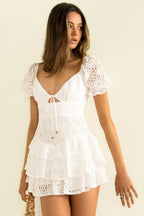 Lace Eyelet Puff Sleeve Lace Up Tiered Ruffle Mini Dress