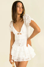 Lace Eyelet Puff Sleeve Lace Up Tiered Ruffle Mini Dress