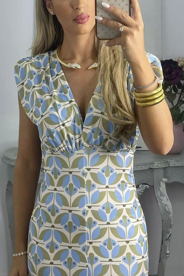Geometric Print Padded Shoulder Center Slit Column Midi Dress