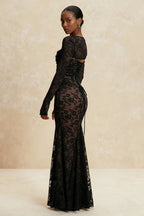 Floral Lace Square Neck Spaghetti Strap Ruched Long Sleeve Bolero Maxi Dress